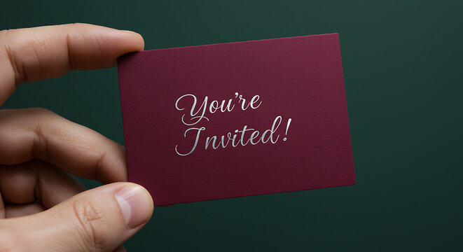Hand holding an elegant burgundy invitation card with silver text. 'You're Invited' message for a special event or party mockup.