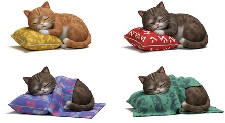 Four sleeping cats on pillows and blankets