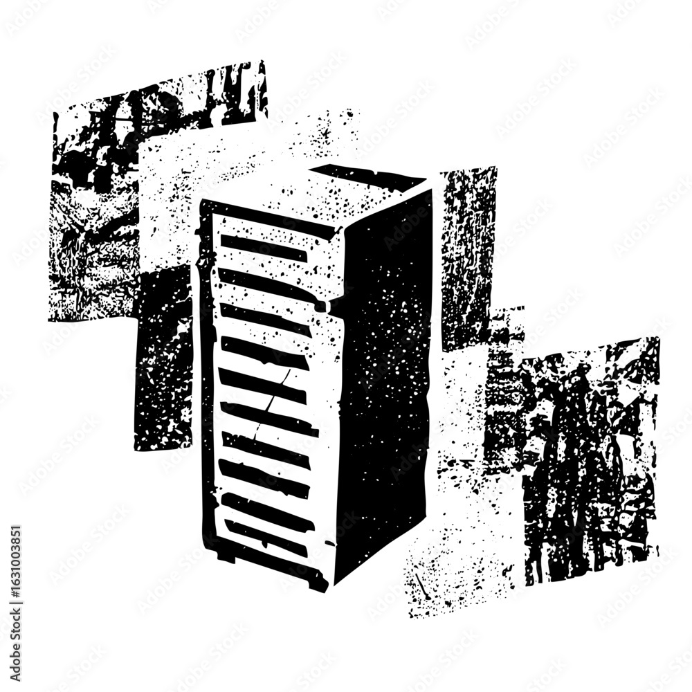 Poster vector abstract black geometric structure with rectangular prism and linear details.