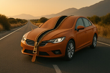 Fototapeta premium Surreal car with a giant zipper on a long road towards the mountains