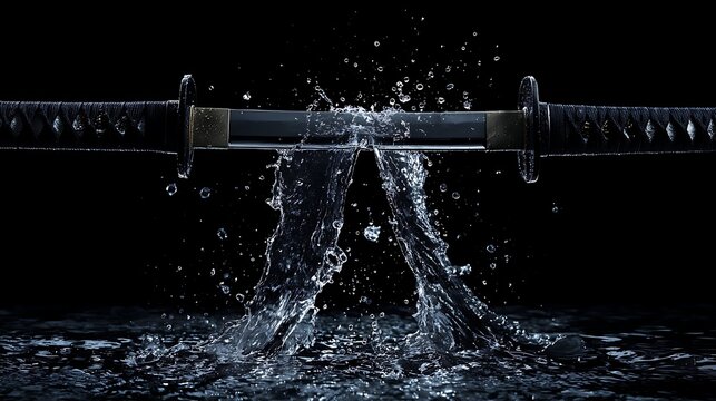 A stunning visual of a katana sword slicing through water, creating dynamic splashes against a dark background.