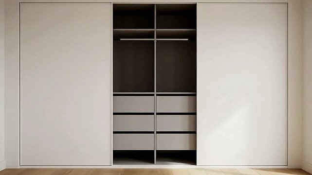 A builtin wardrobe with sliding doors revealing interior shelves and drawers