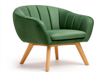 Naklejka premium Stylish Green Upholstered Armchair with Natural Wooden Legs for Modern Interior Decor and Furniture Design