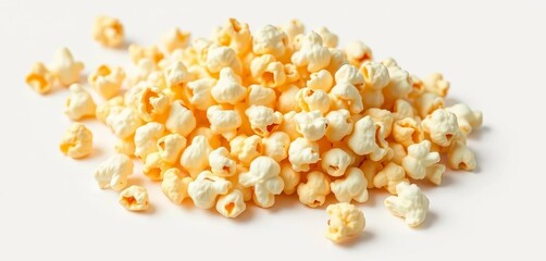 Golden kernels of popcorn, freshly popped, isolated on white,  cinema,  snack