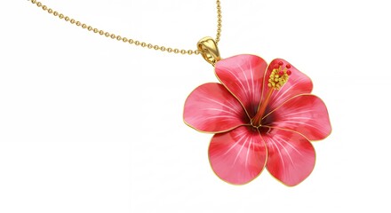 Pink hibiscus flower pendant on gold chain