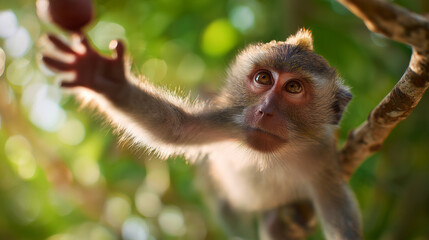 Obraz premium Wild Monkey Stretching for Fruit in Jungle Canopy