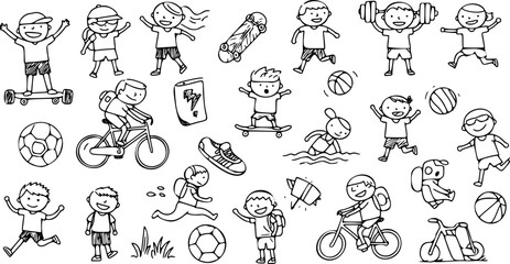 Active Kids Doodle: A Whimsical Line Art Illustration of Children Engaging in Sports and Outdoor Activities