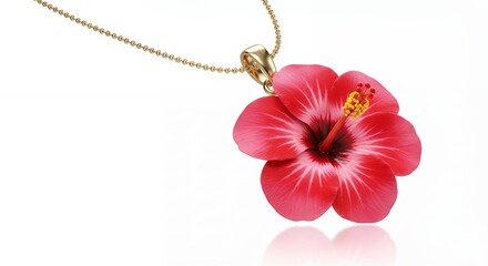 Red hibiscus flower pendant on gold chain