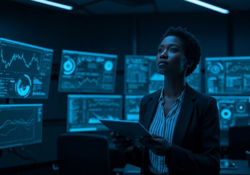 African American woman analyzes data on tablet in a dark control room - Powered by Adobe