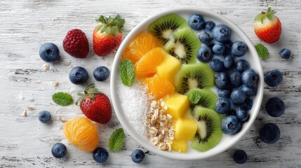 Vibrant fruit bowl with yogurt, granola, and fresh berries on a rustic white wooden table.