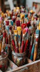 Fototapeta premium Close up view of paintbrushes of various colors and sizes in jars, showing paint splatters and texture. Wooden container.