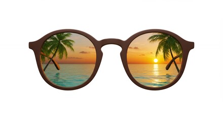Stylish sunglasses reflecting tropical sunset