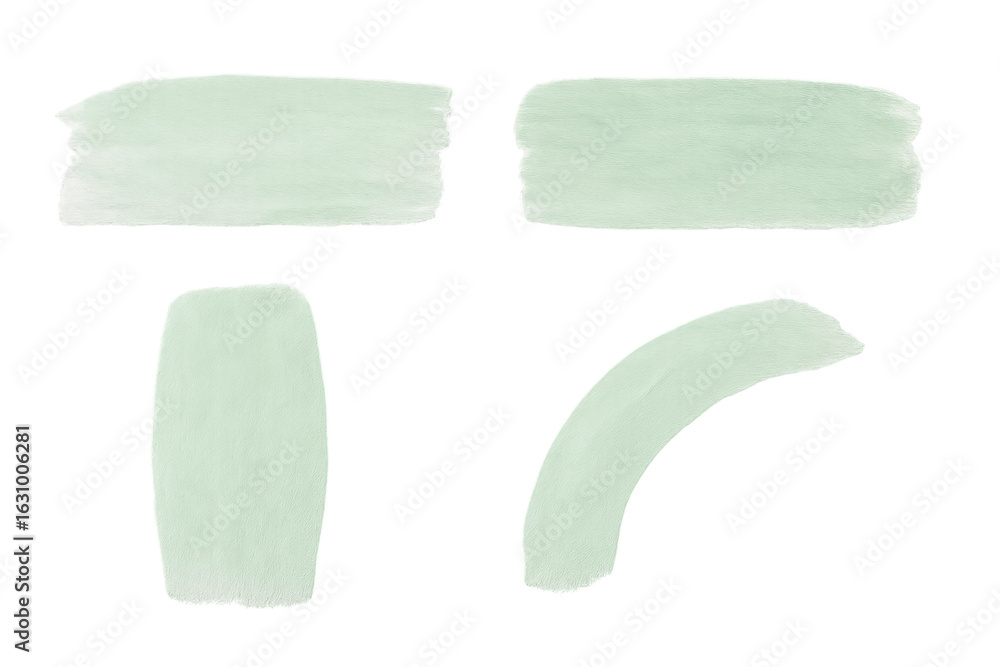 Poster four light green textured brush strokes creating various shapes on a transparent background, ideal f