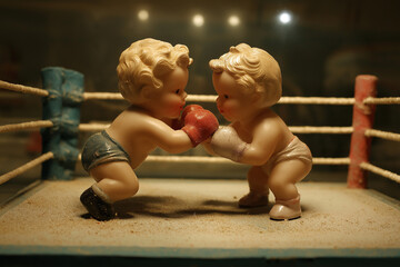 Boxing vintage baby dolls in the ring