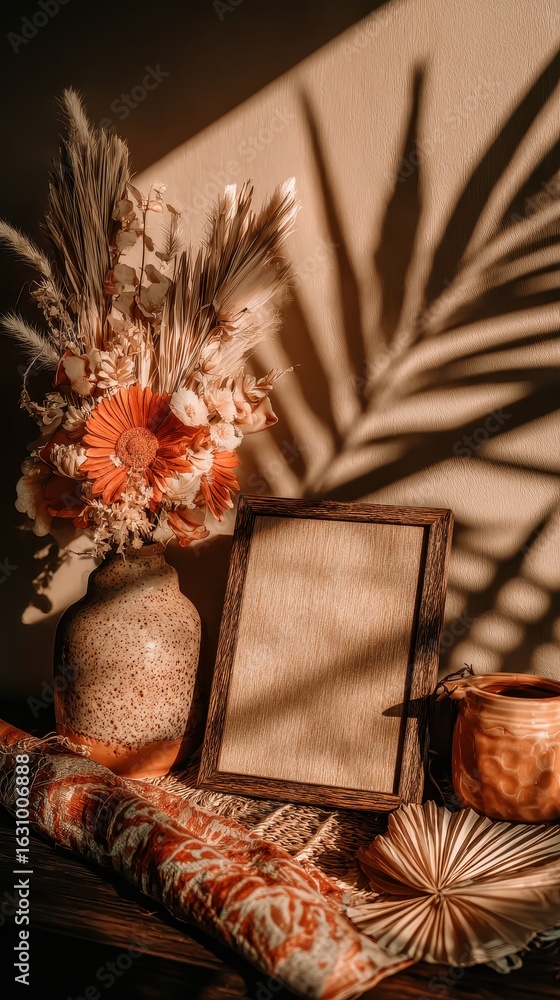 Poster dried flowers in a vase with a frame and other decorative objects in warm light.