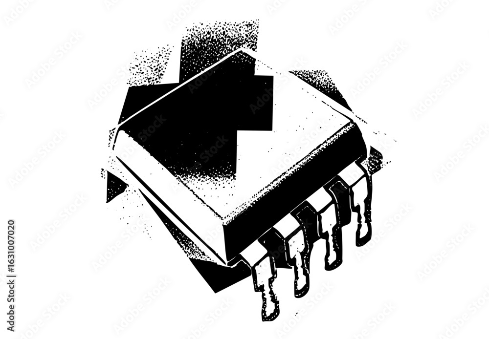 Poster vector detailed vector of a microchip with protruding pins.