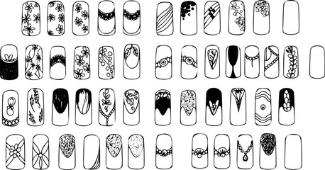A comprehensive collection of hand-drawn black and white nail art designs featuring floral, abstract, geometric, and decorative patterns for diverse manicure inspiration.