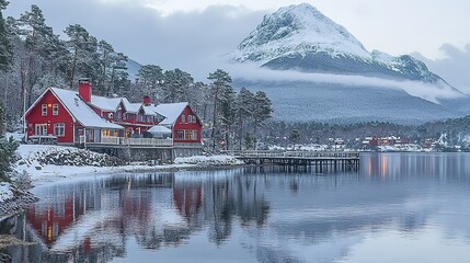 Fototapeta premium Red buildings near a lake with snow-covered mountains and trees in winter.
