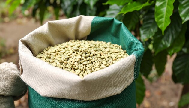 Biji kopi hijau yang baru dipanen tumpah dari karung goni dengan latar belakang dedaunan hijau yang rimbun dan buram.