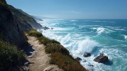 A sunlit coastal path hugs a rugged cliffside overlooking a turbulent ocean with powerful waves crashing against the rocks.  Wildflowers bloom along the trail