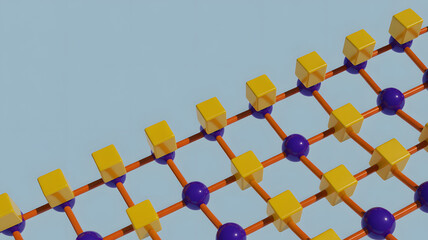 A 3d rendering of a lattice structure with yellow cubes and purple spheres connected by orange rods