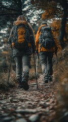 Two hikers with backpacks walk a forest trail. Autumn colors and overcast light.