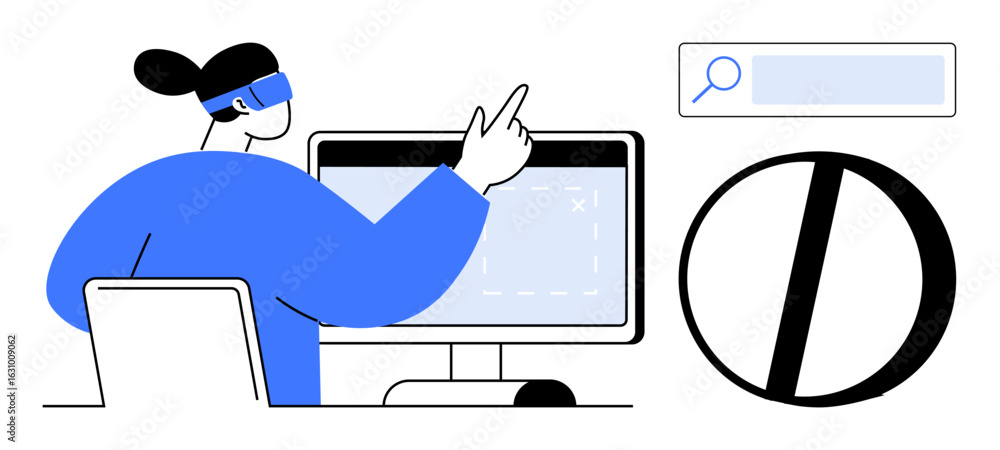 Poster person pointing at monitor alongside search bar and restriction icon. ideal for technology, user int