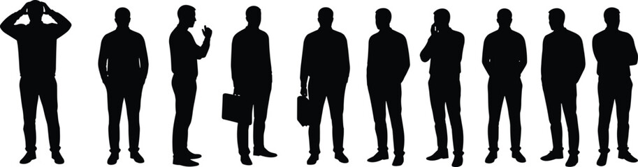 Group of men silhouettes standing and posing, diverse male figures, black isolated shapes, casual and business postures, white background