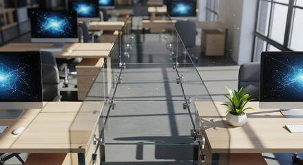 Naklejka premium Ai generated image of modern office interior with computers, glass walkway, and potted plant