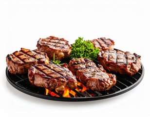Juicy grilled beef steaks with grill marks served on a black plate with fresh green parsley garnish isolated on white background