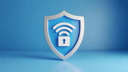 A blue shield with a wifi symbol and a padlock on a blue background representing network security