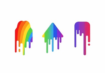 Three colorful abstract shapes with dripping paint effects, representing rainbow gradients.