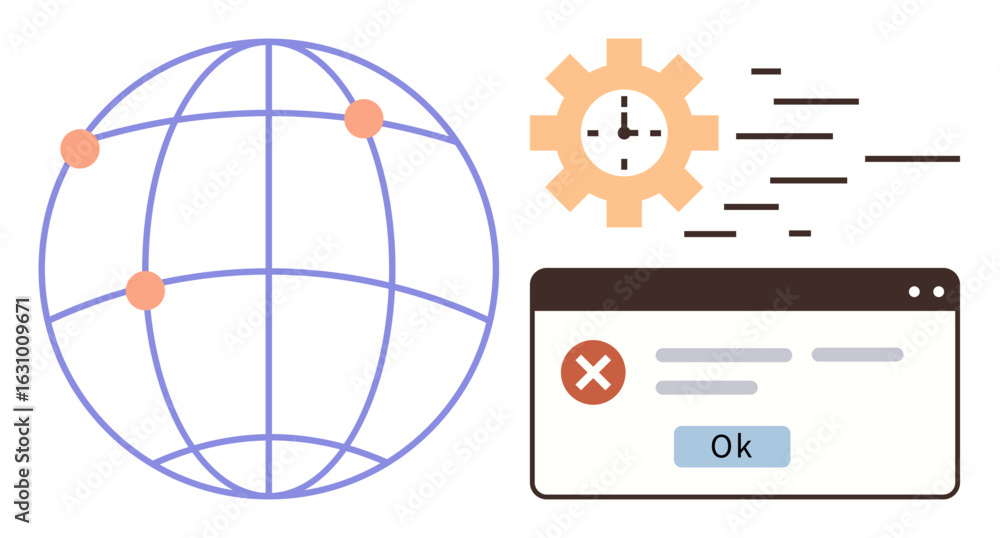 Poster globe with nodes represents global connection, gear symbolizes time or synchronization, and web erro