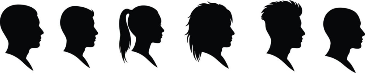 Human profile silhouettes, side view heads, men and women, diverse hairstyles, black isolated shapes, facial features, portrait outlines, modern style