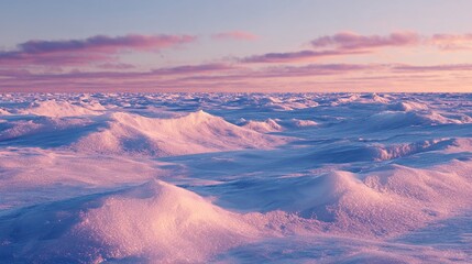 Expansive, undulating snowscape bathed in soft, pastel sunset hues; a serene, frozen expanse under a delicate, pink-tinged sky