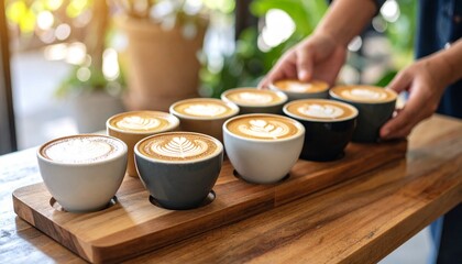 Latte Art with Creamy Foam Served on Wooden Tray; Person Holding Coffee Cup; Bokeh Background.