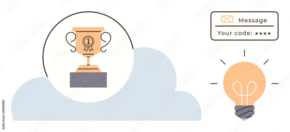 Poster golden trophy on cloud representing achievement, notification box with code for verification, lightb