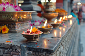 Fototapeta premium Row of candles with flowers burning low
