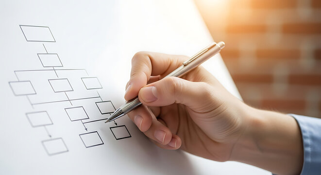 Close up of a person s hand drawing a complex flowchart or organizational chart on a whiteboard with a pen