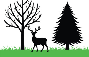 Silhouette of a majestic stag standing in a grassy field next to a bare tree and a pine tree