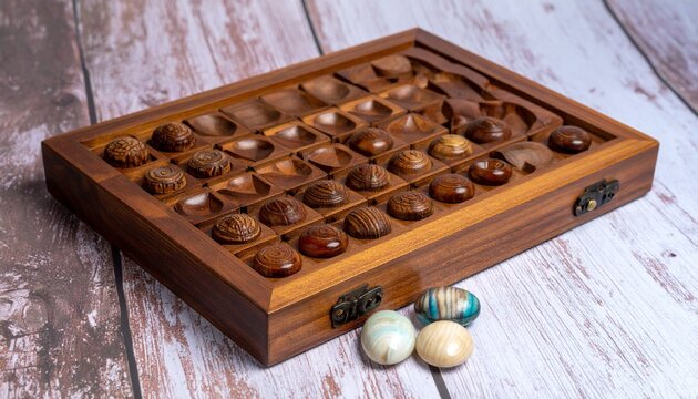  The Carved Board. A beautiful, photorealistic still life of an antique, carved wooden Congklak board.  The wood has a rich, dark patina
