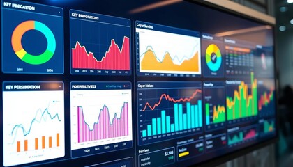 Modern business dashboard displays key performance indicators via interactive charts and graphs on a digital screen,  graphs,  KPI