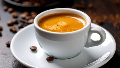 Fototapeta premium sebuah cangkir keramik putih kecil berisi espresso segar di atas piring kecil berwarna putih, dengan biji kopi yang tersebar di sekitarnya.