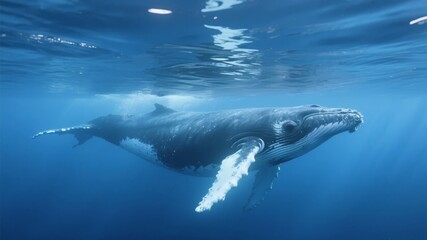 Humpback Whale Swimming Underwater with Sunlight Reflections