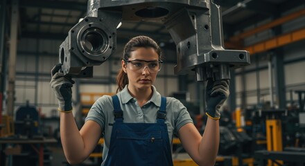 Young woman lifting heavy machinery part in industrial workshop  