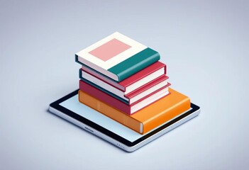 Isometric stack of paper books inside digital tablet, online learning concept,  e-learning,  study materials