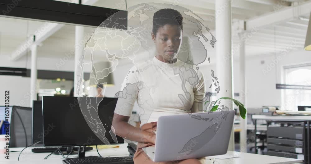 Poster coworker typing on laptop in business office and activating world map evolving into rotating globe