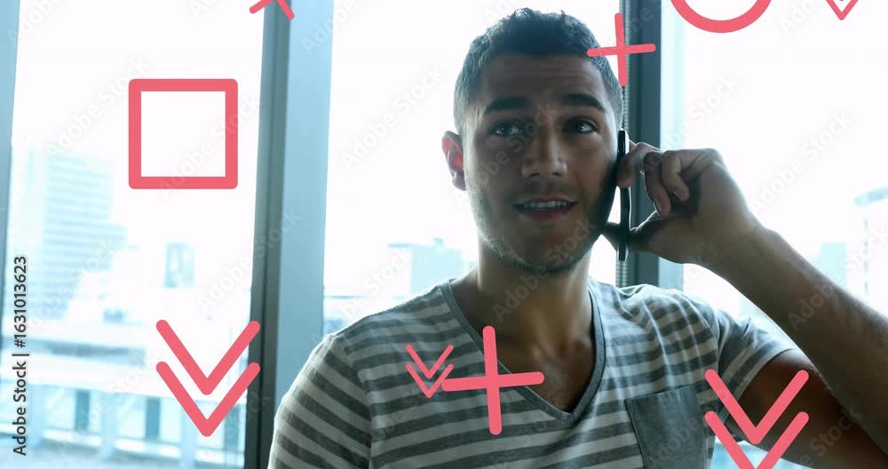 Poster man lifting phone beside tall window, animated waveforms pulsing during tech call against skyline