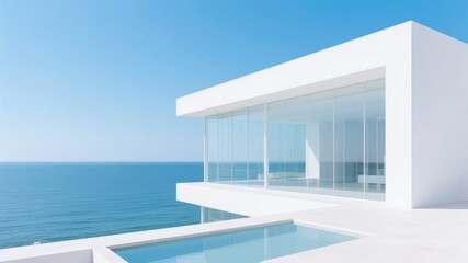 Modern minimalist house with glass walls overlooking the ocean