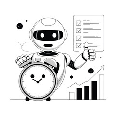 Friendly robot with alarm clock and checklist represents efficiency and time management